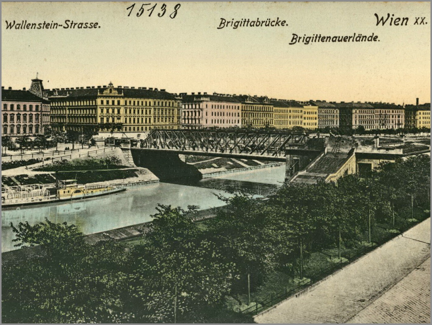 Donaukanal mit Brigittenauer Lände (Postkarte, 1920er Jahre). Bild: CC BY-SA 3.0 AT. Österreichische Mediathek 2015.